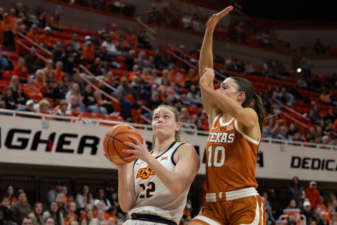 Jan 20, 2024; Stillwater, Okla, USA; Texas Longhorns guard Shay Holle (10) guards Oklahoma State Cowgirls forward Lior Garzon (12) in the first half of a womenÕs NCAA basketball game at Gallagher Iba Arena. Mandatory Credit: Mitch Alcala-The Oklahoman. Mandatory Credit: Mitch Alcala-The Oklahoman