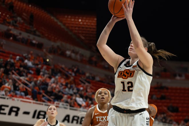 Jan 20, 2024; Stillwater, Okla, USA; Oklahoma State Cowgirls forward Lior Garzon (12) shoots the ball in the first half of a womenÕs NCAA basketball game against the Texas Longhorns at Gallagher Iba Arena. Mandatory Credit: Mitch Alcala-The Oklahoman. Mandatory Credit: Mitch Alcala-The Oklahoman