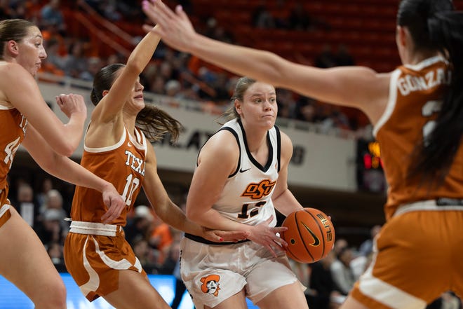 Jan 20, 2024; Stillwater, Okla, USA; Oklahoma State Cowgirls forward Lior Garzon (12) drives past Texas Longhorns guard Shay Holle (10) and forward Taylor Jones (44) in the first half of a womenÕs NCAA basketball game at Gallagher Iba Arena. Mandatory Credit: Mitch Alcala-The Oklahoman. Mandatory Credit: Mitch Alcala-The Oklahoman