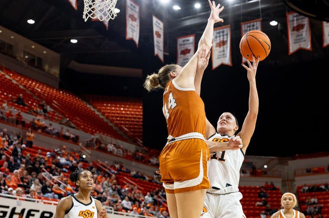 Jan 20, 2024; Stillwater, Okla, USA; Texas Longhorns forward Taylor Jones (44) blocks Oklahoma State Cowgirls guard Rylee LangermanÕs (11) shot in the first half of a womenÕs NCAA basketball game at Gallagher Iba Arena. Mandatory Credit: Mitch Alcala-The Oklahoman. Mandatory Credit: Mitch Alcala-The Oklahoman