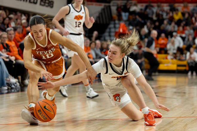 Jan 20, 2024; Stillwater, Okla, USA; Oklahoma State Cowgirls guard Anna Gret Asi (4) and Texas Longhorns guard Shay Holle (10) dive for a loose ball in the second half of a womenÕs NCAA basketball game at Gallagher Iba Arena. Mandatory Credit: Mitch Alcala-The Oklahoman. Mandatory Credit: Mitch Alcala-The Oklahoman