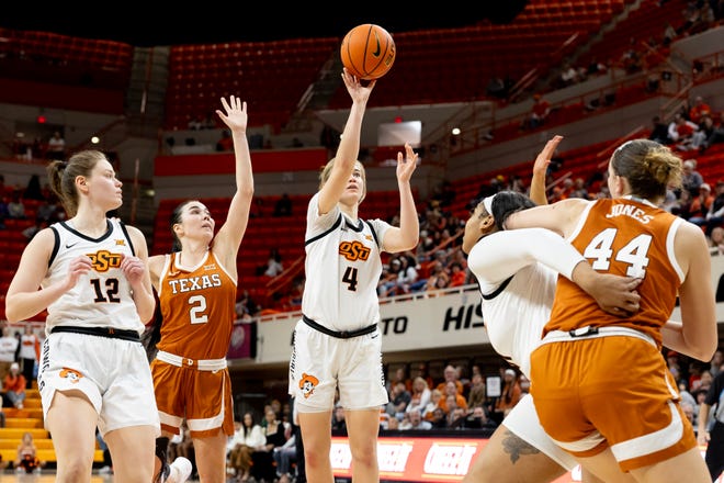 Jan 20, 2024; Stillwater, Okla, USA; Oklahoma State Cowgirls guard Anna Gret Asi (4) shoots the ball in front of Texas Longhorns guard Shaylee Gonzales (2) in the second half of a womenÕs NCAA basketball game at Gallagher Iba Arena. Mandatory Credit: Mitch Alcala-The Oklahoman. Mandatory Credit: Mitch Alcala-The Oklahoman