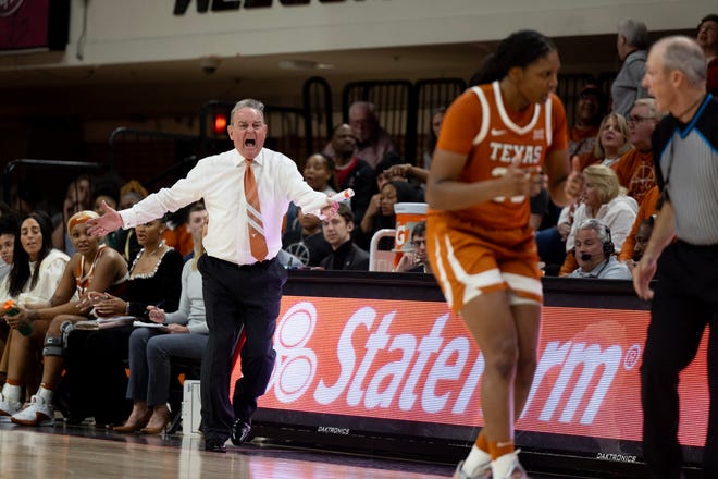 Jan 20, 2024; Stillwater, Okla, USA; Texas Longhorns head coach Vic Schaefer reacts on the baseline in the second half of a womenÕs NCAA basketball game against the Oklahoma State Cowgirls at Gallagher Iba Arena. Mandatory Credit: Mitch Alcala-The Oklahoman. Mandatory Credit: Mitch Alcala-The Oklahoman