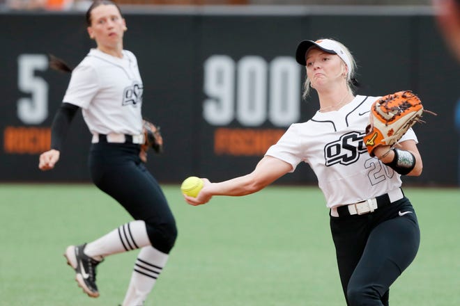 Oklahoma State infielder Rosie Davis (26) throws to first for an out during a college softball game between the Oklahoma State University Cowgirls and the South Dakota State Jackrabbits, Tuesday, Feb. 27, 2024.