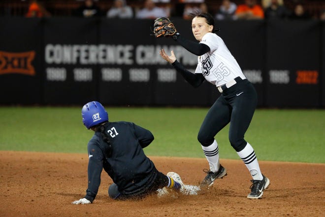Oklahoma State infielder Megan Bloodworth (55) forces out South Dakota State infielder Rozelyn Carrillo (27) pitches in the second softball game of a double header between the Oklahoma State University Cowgirls and the South Dakota State Jackrabbits, Tuesday, Feb. 27, 2024.