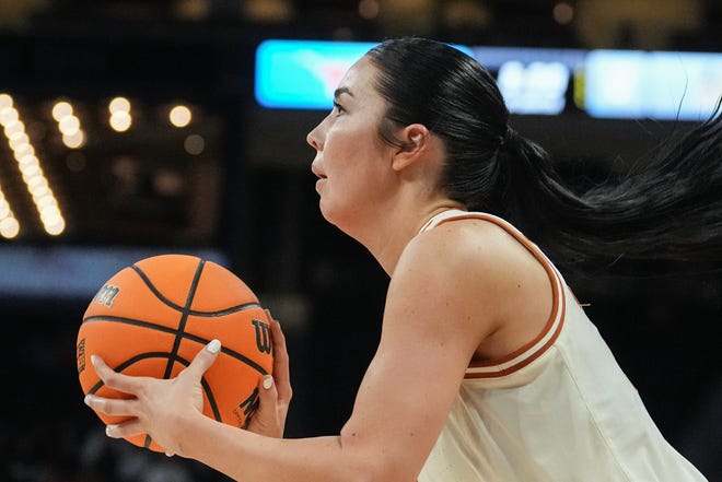 Texas Longhorns guard Shaylee Gonzales (2) lines up to shoot the ball as Texas takes on the Drexel Dragons in round one of the NCAA women's basketball tournament at the Moody Center in Austin Friday, March 22, 2024.