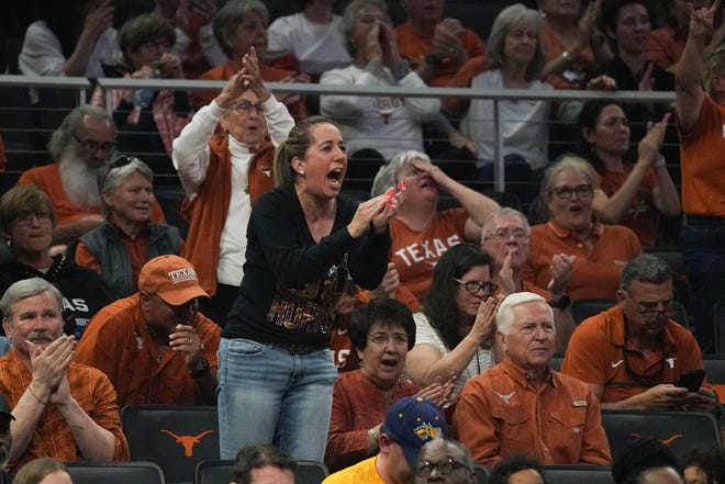 Texas fans cheer as Texas takes on the Drexel Dragons in round one of the NCAA women's basketball tournament at the Moody Center in Austin Friday, March 22, 2024.