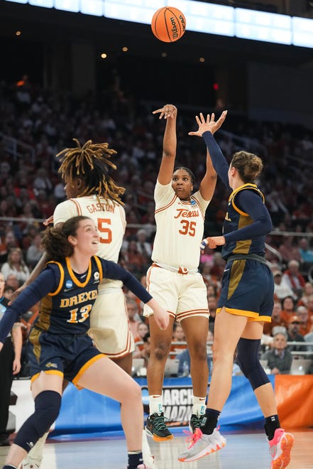 Texas Longhorns forward Madison Booker (35) shoots the ball as Texas takes on the Drexel Dragons in round one of the NCAA women's basketball tournament at the Moody Center in Austin Friday, March 22, 2024.