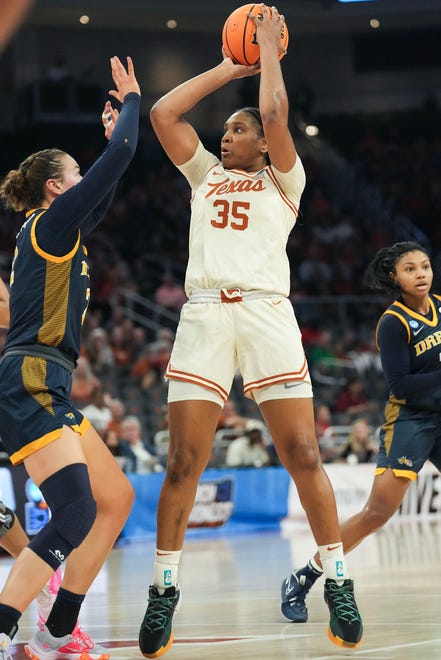 Texas Longhorns forward Madison Booker (35) shoots the ball as Texas takes on the Drexel Dragons in round one of the NCAA women's basketball tournament at the Moody Center in Austin Friday, March 22, 2024.