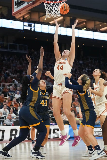 Texas Longhorns forward Taylor Jones (44) shoots the ball as Texas takes on the Drexel Dragons in round one of the NCAA women's basketball tournament at the Moody Center in Austin Friday, March 22, 2024.