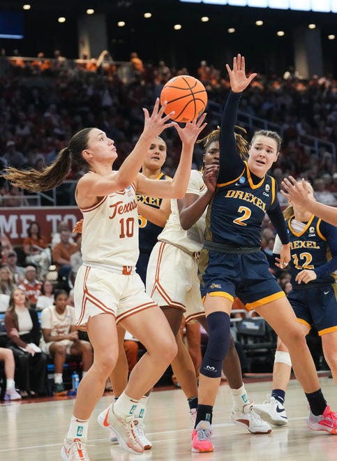 Texas Longhorns guard Shay Holle (10) retrieves the rebound as Texas takes on the Drexel Dragons in round one of the NCAA women's basketball tournament at the Moody Center in Austin Friday, March 22, 2024.