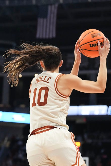 Texas Longhorns guard Shay Holle (10) catches a pass as Texas takes on the Drexel Dragons in round one of the NCAA women's basketball tournament at the Moody Center in Austin Friday, March 22, 2024.