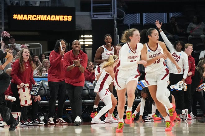 The Alabama bench cheers as Alabama takes on Florida State in round one of the NCAA women's basketball tournament at the Moody Center in Austin Friday, March 22, 2024.