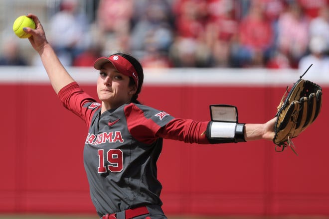 Oklahoma's Nicole May (19) pitches during a college softball game between the University of Oklahoma Sooners (OU) and the Baylor Bears in Norman, Okla., Saturday, March 23, 2024.
