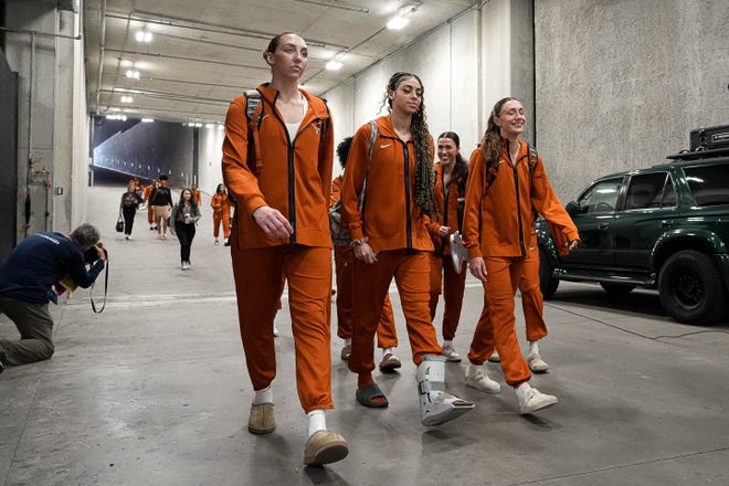 Taylor Jones, Jordana Codio, and Shay Holle arrive at the Moody Center for the Texas Longhorns NCAA playoff game against Alabama on Sunday, Mar. 23, 2024 in Austin.
