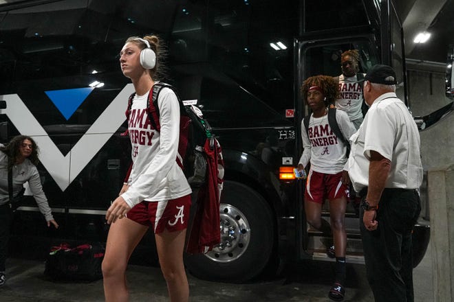 Alabama guard Karly Weathers gets off the at the Moody Center ahead of the NCAA playoff game against the Texas Longhorns on Sunday, Mar. 23, 2024 in Austin.