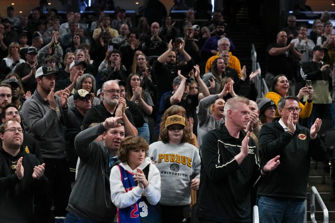 Purdue Boilermakers fans cheer at the start of the second half, Sunday, March 24, 2024, during the second round of the NCAA Men’s Basketball Tournament at Gainbridge Fieldhouse in Indianapolis. The Purdue Boilermakers defeated the Utah State Aggies 106-67.