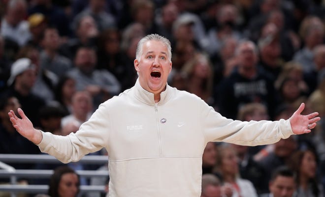 Purdue Boilermakers head coach Matt Painter reacts to a call during NCAA Men’s Basketball Tournament game against the Utah State Aggies, Sunday, March 24, 2024, at Gainbridge Fieldhouse in Indianapolis.