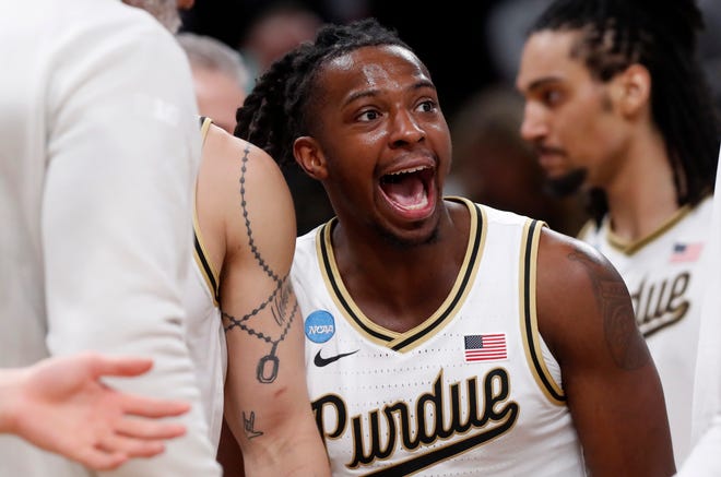 Purdue Boilermakers guard Lance Jones (55) reacts to a play during NCAA Men’s Basketball Tournament game against the Utah State Aggies, Sunday, March 24, 2024, at Gainbridge Fieldhouse in Indianapolis.
