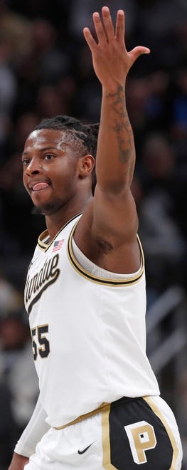 Purdue Boilermakers guard Lance Jones (55) reacts to a Purdue basket during NCAA Men’s Basketball Tournament game against the Utah State Aggies, Sunday, March 24, 2024, at Gainbridge Fieldhouse in Indianapolis. Purdue Boilermakers won 106-67.