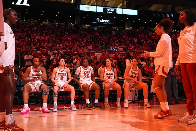 The Texas Longhorns starters wait for introductions ahead of the NCAA playoff game against Alabama at the Moody Center on Sunday, Mar. 23, 2024 in Austin.