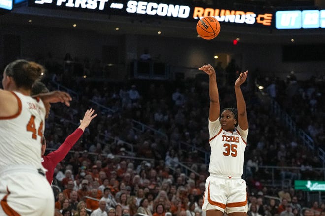 Texas Longhorns guard Madison Booker (35) shoots the ball during the NCAA playoff game against Alabama at the Moody Center on Sunday, Mar. 23, 2024 in Austin.