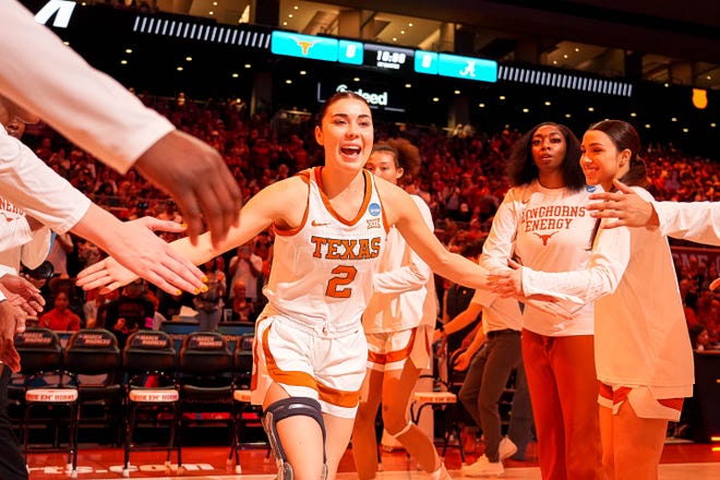 Texas Longhorns guard Shaylee Gonzales (2) takes the court ahead of the NCAA playoff game against Alabama at the Moody Center on Sunday, Mar. 23, 2024 in Austin.