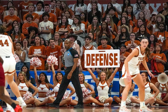 Texas Longhorns cheerleaders cheer for the team during the NCAA playoff game against Alabama at the Moody Center on Sunday, Mar. 23, 2024 in Austin.