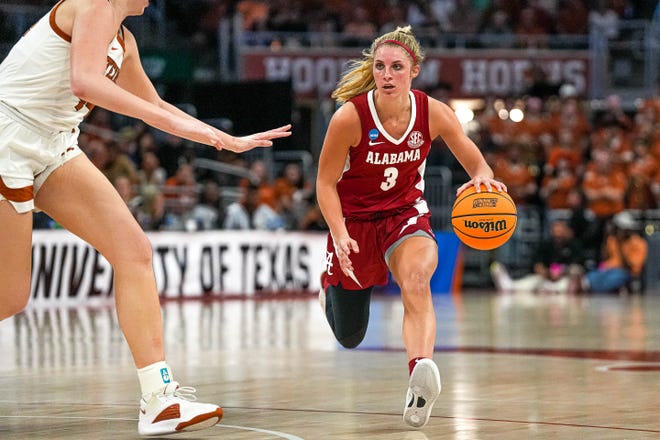Alabama guard Sarah Barker (3) dribbles the ball towards the Texas Longhorns basket during the NCAA playoff game at the Moody Center on Sunday, Mar. 23, 2024 in Austin.