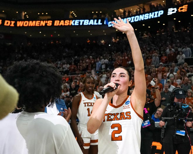 Texas Longhorns guard Shaylee Gonzales (2) waves to the crowd after the 65-54 win over Alabama in the NCAA playoff game at the Moody Center on Sunday, Mar. 23, 2024 in Austin.