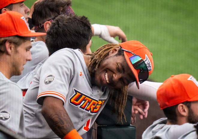 UTRGV Vaqueros outfielder Jalen Freeman (14) laughs with his teammates in the dugout during the first inning of the Texas LonghornsÕ game against the Vaqueros at UFCU Disch-Falk Field, Tuesday, April 16, 2024.