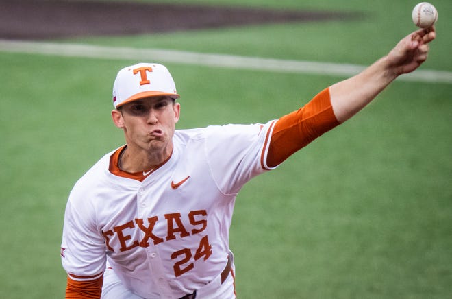 Texas Longhorns pitcher Chase Lummus (24) pitches in the second inning of the LonghornsÕ game against the UTRGV Vaqueros at UFCU Disch-Falk Field, Tuesday, April 16, 2024.