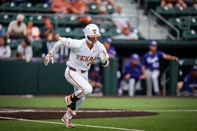 Texas Longhorns outfielder Max Belyeu (44) runs for first in the second inning of the Longhorns' game against the TCU Horned Frogs at UFCU Disch-Falk Field, Friday, April 19, 2024.