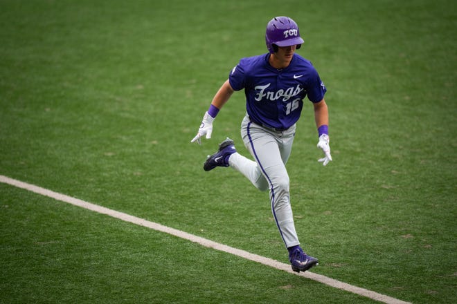 TCU Horned Frogs outfielder Chase Brunson (15) runs home in the first inning of the Texas Longhorns' game against the TCU Horned Frogs at UFCU Disch-Falk Field, Friday, April 19, 2024.