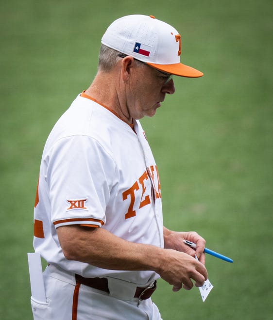 Texas Longhorns Head Coach David Pierce walks to the dugout ahead of the Longhorns' game against the TCU Horned Frogs at UFCU Disch-Falk Field, Friday, April 19, 2024.