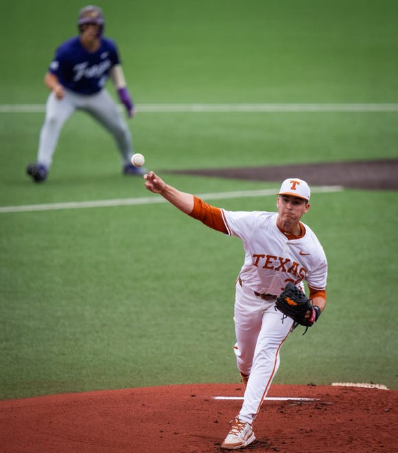 Texas Longhorns pitcher Max Grubbs (38) pitches in the first inning of the Longhorns' game against the TCU Horned Frogs at UFCU Disch-Falk Field, Friday, April 19, 2024.