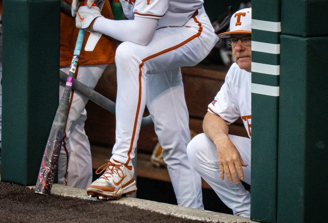 Texas Longhorns Head Coach David Pierce watches the third inning of the Texas Longhorns' game against the TCU Horned Frogs at UFCU Disch-Falk Field, Friday, April 19, 2024.