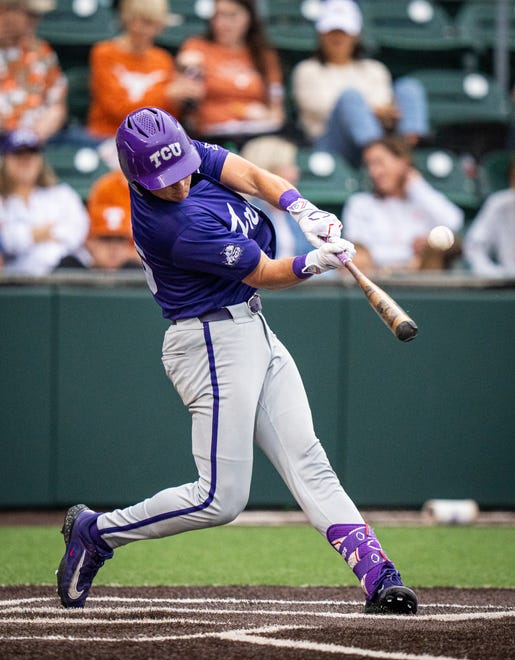 TCU Horned Frogs outfielder Chase Brunson (15) bats in the third inning of the Texas Longhorns' game against the TCU Horned Frogs at UFCU Disch-Falk Field, Friday, April 19, 2024.