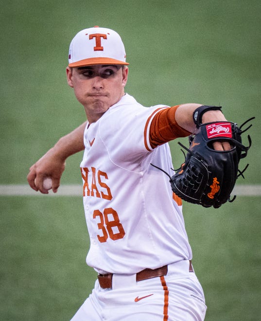 Texas Longhorns pitcher Max Grubbs (38) pitches in the fourth inning of the Texas Longhorns' game against the TCU Horned Frogs at UFCU Disch-Falk Field, Friday, April 19, 2024.