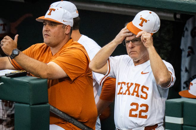 Texas Longhorns Head Coach David Pierce, right, watches the third inning of the Texas Longhorns' game against the TCU Horned Frogs at UFCU Disch-Falk Field, Friday, April 19, 2024.