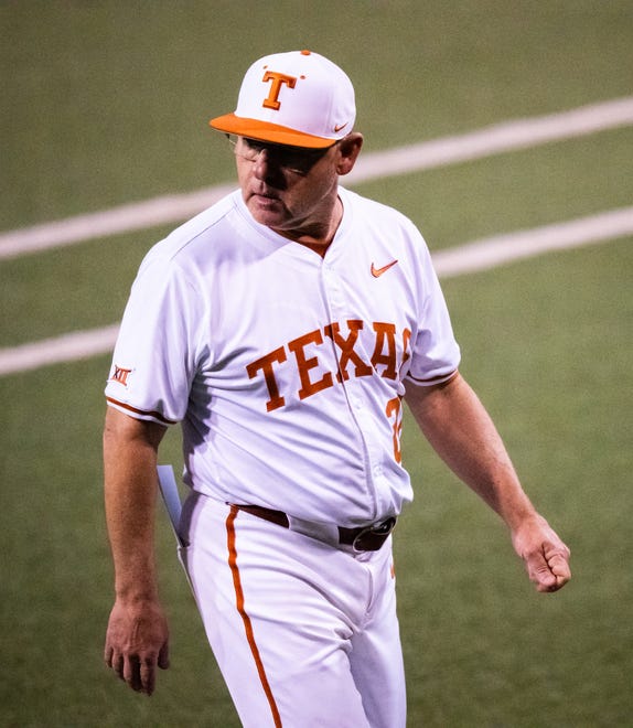 Texas Longhorns Head Coach David Pierce walks back to the dugout in the sixth inning of the Texas Longhorns' game against the TCU Horned Frogs at UFCU Disch-Falk Field, Friday, April 19, 2024.
