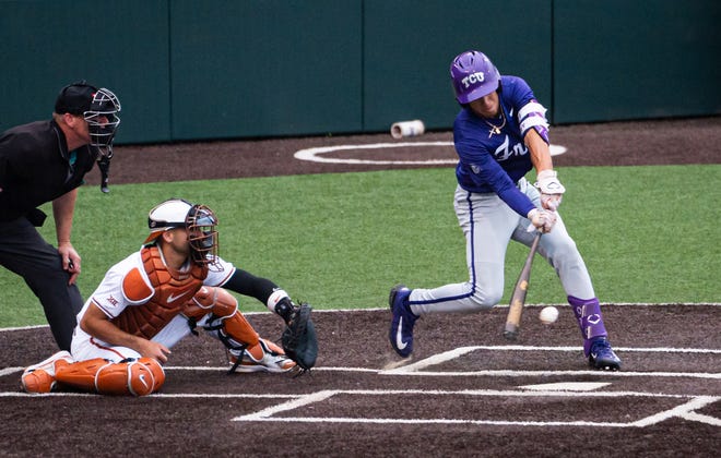 TCU Horned Frogs infielder Anthony Silva (5) bats in the second inning of the Texas Longhorns' game against the TCU Horned Frogs at UFCU Disch-Falk Field, Friday, April 19, 2024.