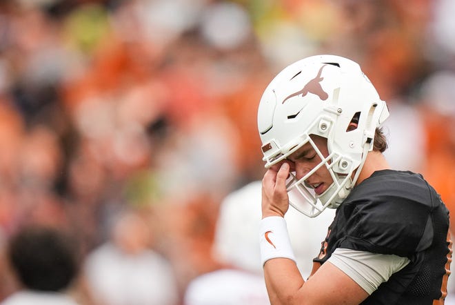 Texas Longhorns quarterback Arch Manning (16) warms up ahead of the Longhorns' spring Orange and White game at Darrell K Royal Texas Memorial Stadium in Austin, Texas, April 20, 2024.