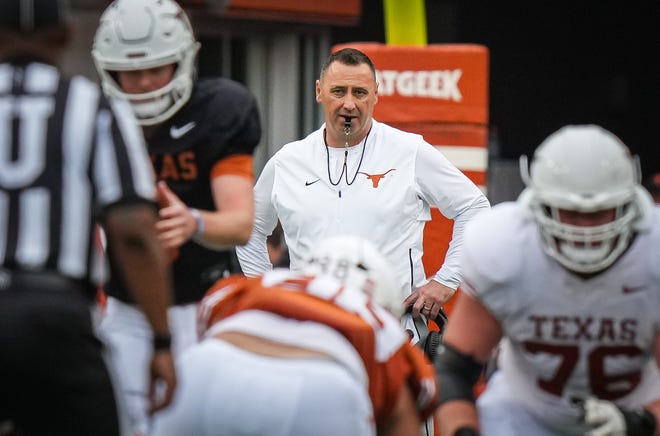 Texas Longhorns Head Coach Steve Sarkisian watches from behind the play during the first quarter of the Longhorns' spring Orange and White game at Darrell K Royal Texas Memorial Stadium in Austin, Texas, April 20, 2024.