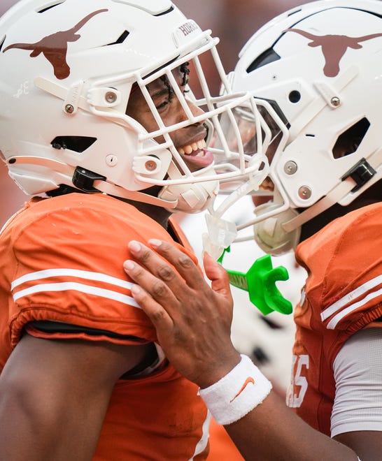 Texas Orange team wide receiver Ryan Wingo (5) celebrates a touchdown in the second quarter of the Longhorns' spring Orange and White game at Darrell K Royal Texas Memorial Stadium in Austin, Texas, April 20, 2024.