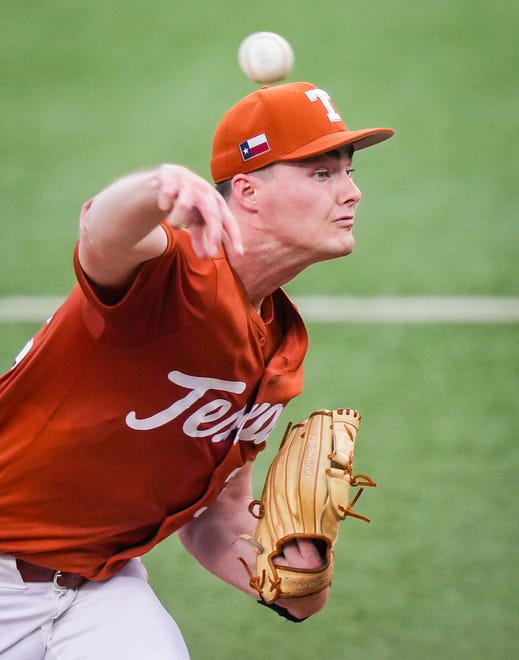 Texas Longhorns pitcher Charlie Hurley (32) pitches in the third inning of the Longhorns' game against the UT Arlington Mavericks at UFCU Disch-Falk Field, Tuesday, April 23, 2024. Rodriguez is acting head coach while David Pierce is suspended.