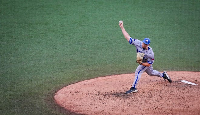 UT Arlington Mavericks pitcher Collin Horton (44) pitches in the third inning of the Texas Longhorns' game against the UT Arlington Mavericks at UFCU Disch-Falk Field, Tuesday, April 23, 2024. Rodriguez is acting head coach while David Pierce is suspended.