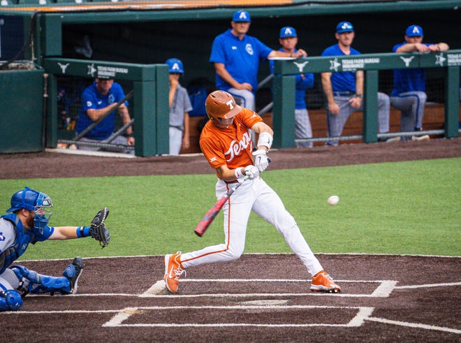 Texas Longhorns infielder Jalin Flores (1) bats in the first inning of the Texas Longhorns' game against the UT Arlington Mavericks at UFCU Disch-Falk Field, Tuesday, April 23, 2024. Rodriguez is acting head coach while David Pierce is suspended.