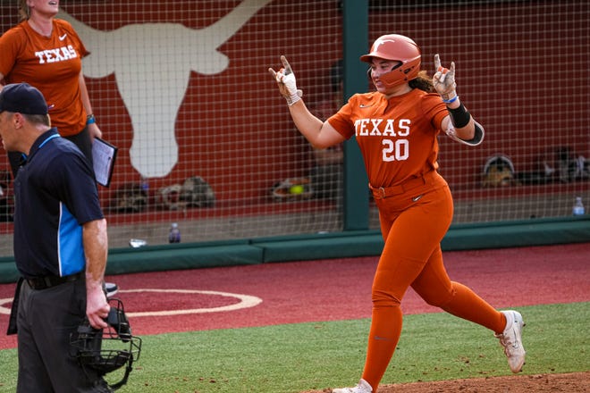 Texas Longhorns infielder Katie Stewart (20) celebrates a home run hit during the game against Iowa State at Red and Charline McCombs Field on Friday, April 26, 2024 in Austin.